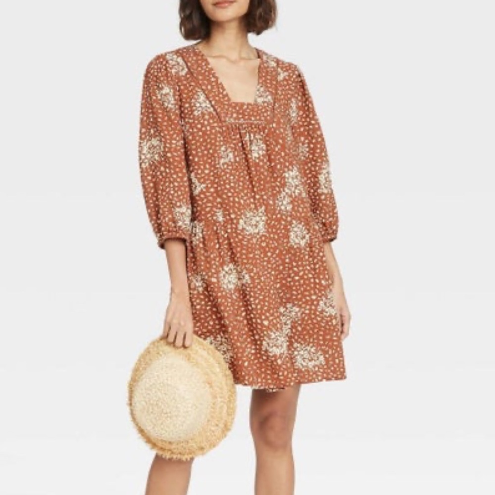 Knox Rose Floral Print Peasant Boho Mini Dress Women's Size Large Rust Cream - Picture 1 of 12